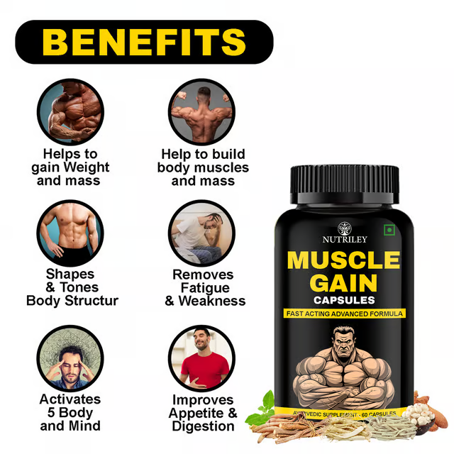 Nutriley Muscle Gain Capsules, Muscle Growth, Mass Gain Capsule,(60 Capsules)
