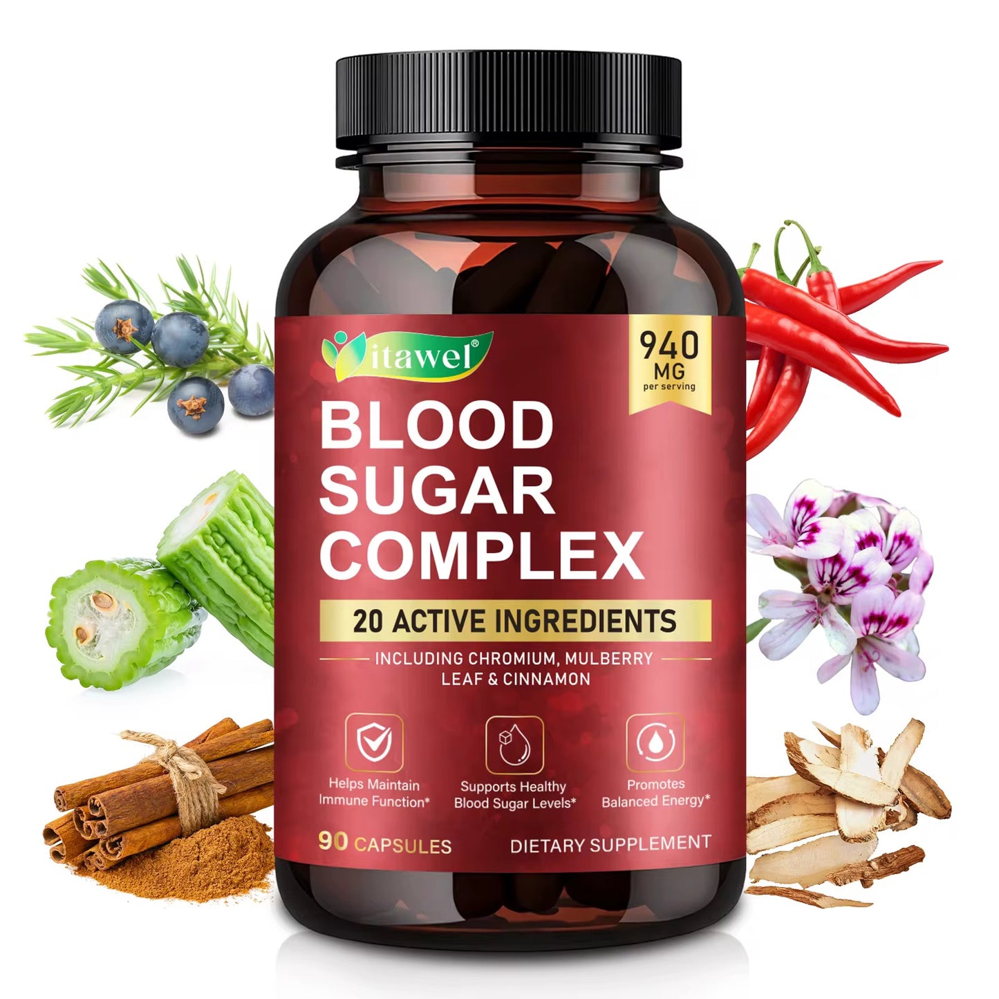 Blood Sugar Complex Supplement with Cinnamon Bitter Melon for Daily Wellness Antioxidant Support